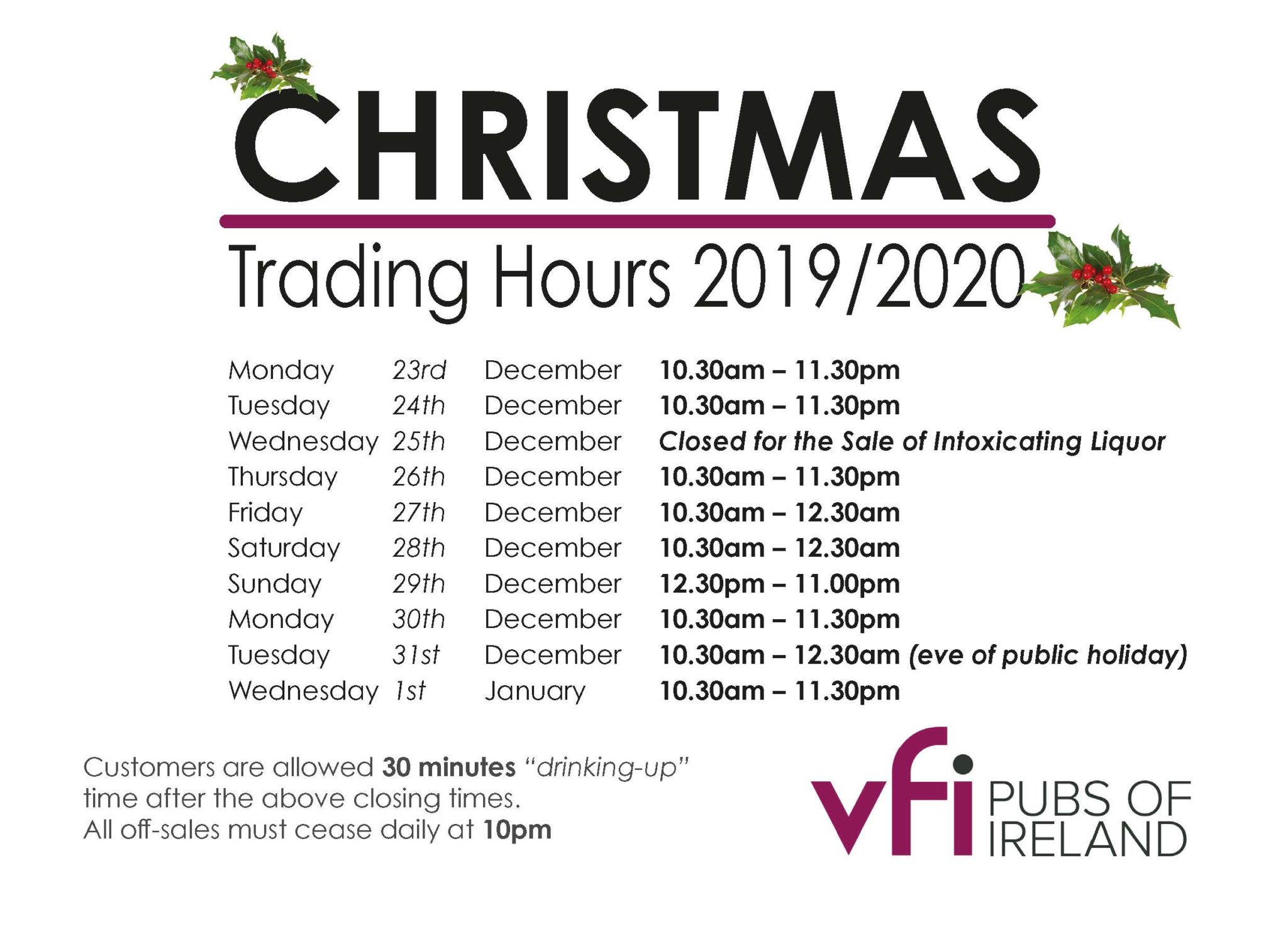 Christmas Pub Opening Hours 2019/2020 VFI Pubs